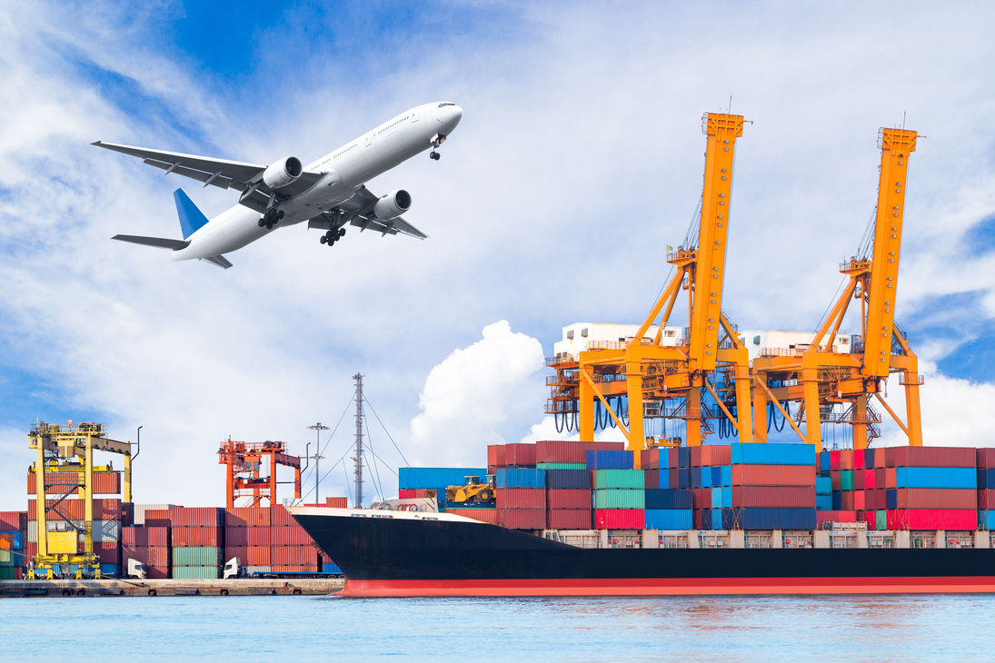 Container cargo freight ship with plane for logistic Import export